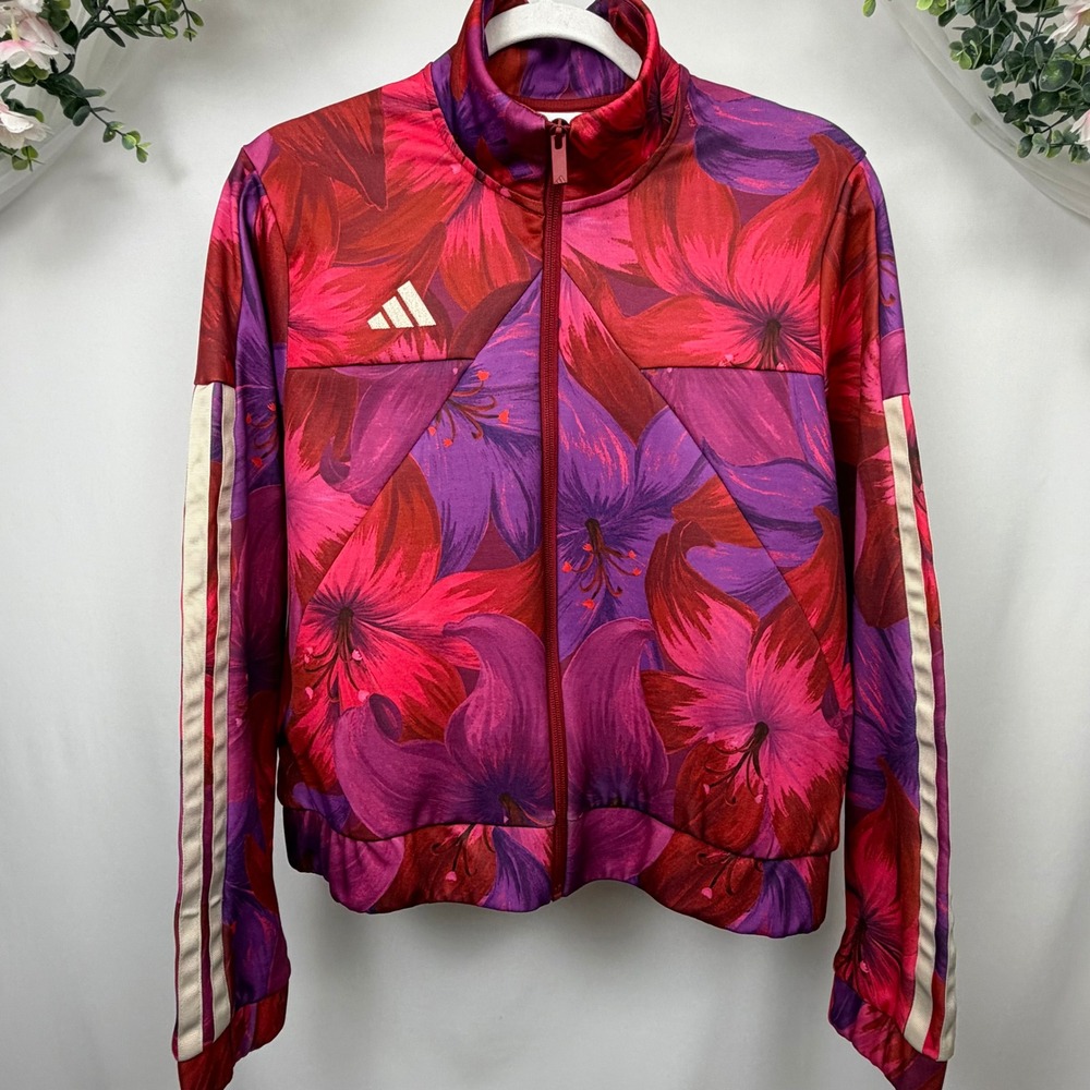 Adidas x Farm Rio Tropical Floral Print Track Jacket Pink Purple Womens Large